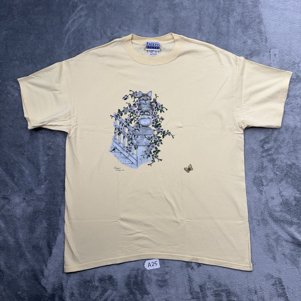 Vintage Endless Designs Kitty Cat With Flowers Grandma Core Yellow Size XL